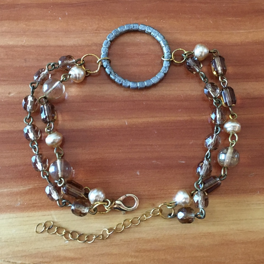 Handmade Brown Rhinestone Circle + Amber & Gold Beads Bracelet, Vintage Beads - Picture 6 of 8